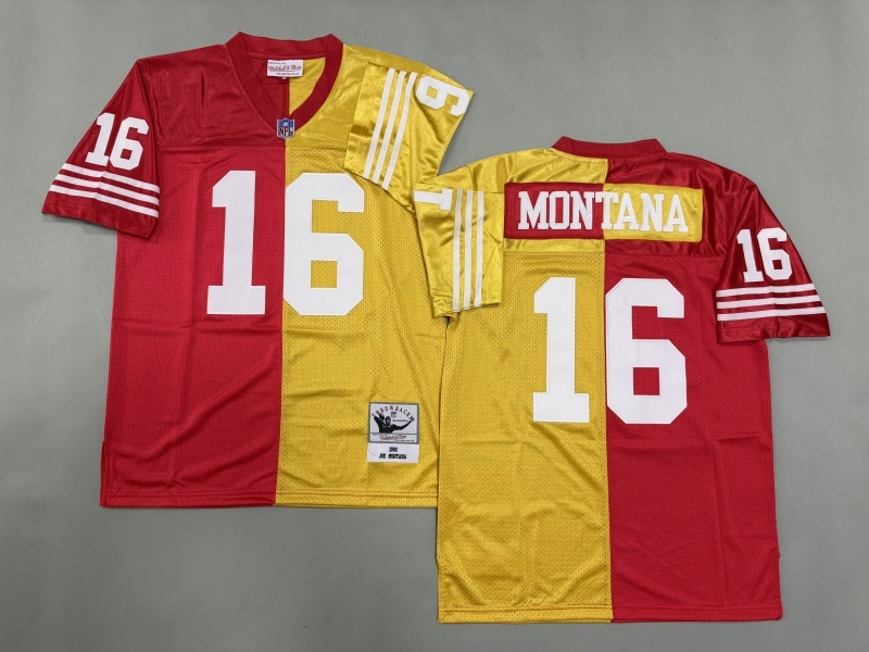 Men 2025 San Francisco 49ers #16 Montana red yellow Throwback Limited NFL Jersey style 001